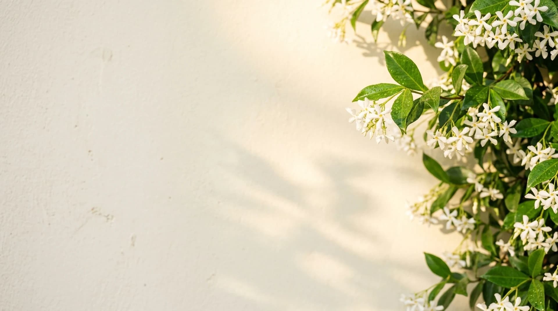 Cinematic luxury botanical wellness environment with blooming white jasmine and soft morning sunlight