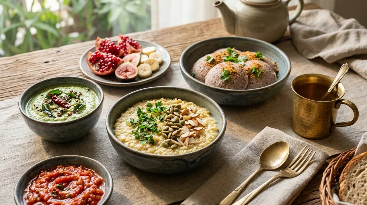 Artisanal breakfast spread with foxtail millets, steamed idlis, fresh chutney, and fruits in morning light