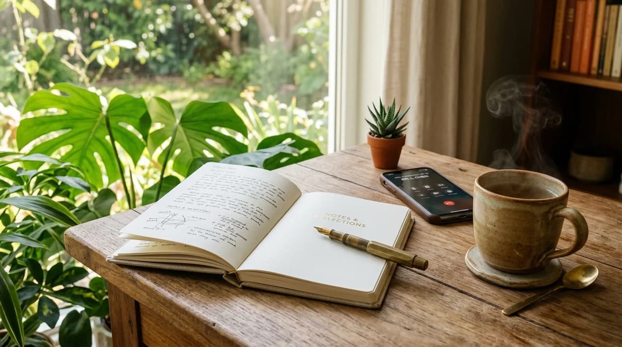 Teak wood desk beside sunlit window with linen notebook, brass pen, hot tea, and telephone
