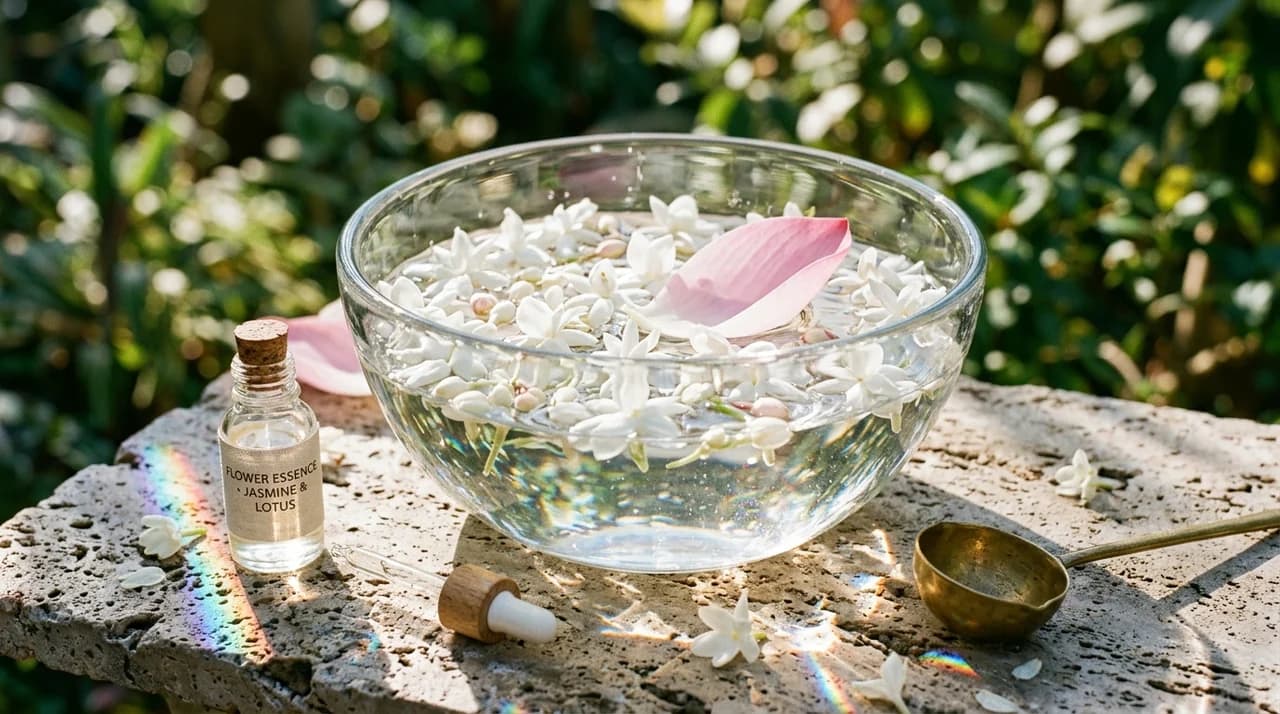 Clear hand-blown glass bowl filled with spring water, floating jasmine, and pink lotus petal