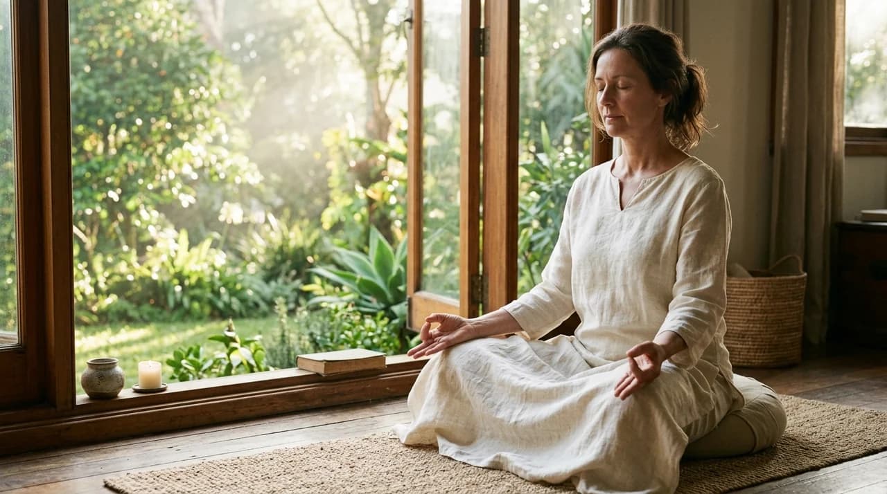 Mindful yogic Mudhra practice with hands resting on lap draped in raw natural handloom linen