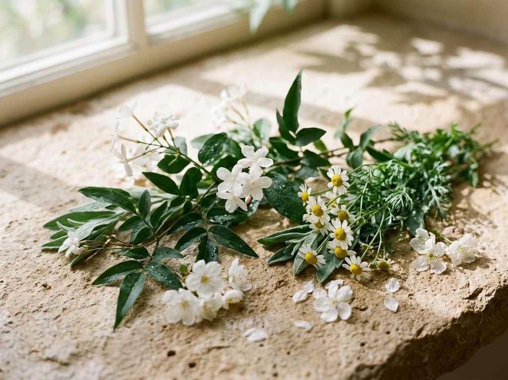 Delicate white jasmine blossoms, chamomile, and sage foliage on natural limestone