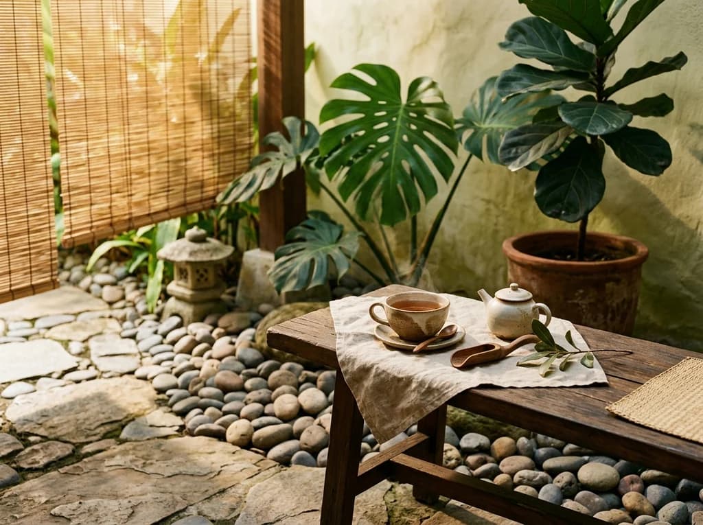 Sunlit courtyard sanctuary with natural wood bench, warm tea, and verdant monstera foliage