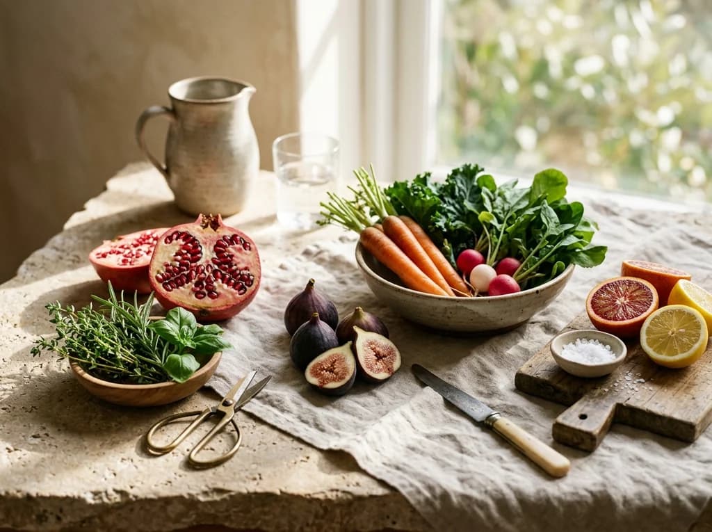 Wholesome fresh produce, figs, citrus, and herbs in soft morning light
