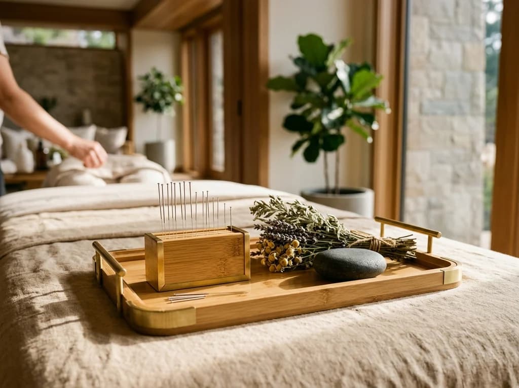 Classical acupuncture needles on bamboo tray with dried botanicals and river stone