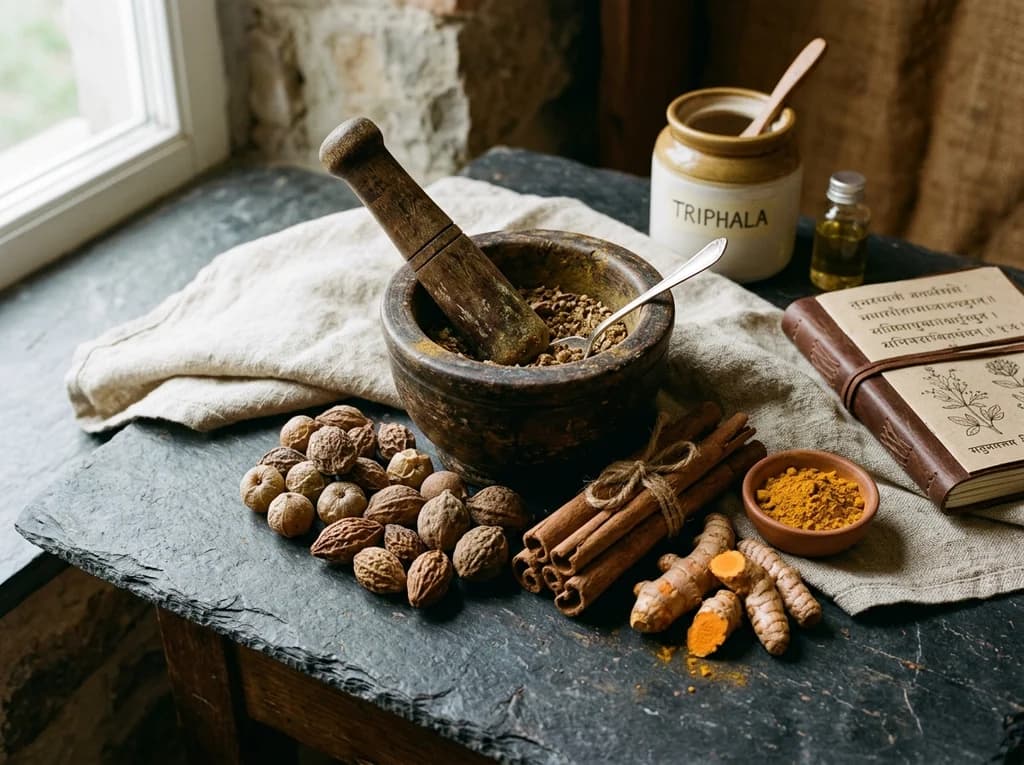Classical Ayurvedic herbs, carved wooden mortar and pestle, triphala, and turmeric