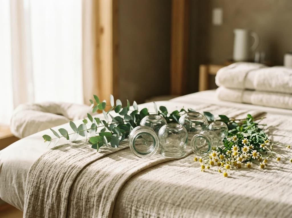 Clear glass cupping vessels arranged neatly on linen with eucalyptus leaves
