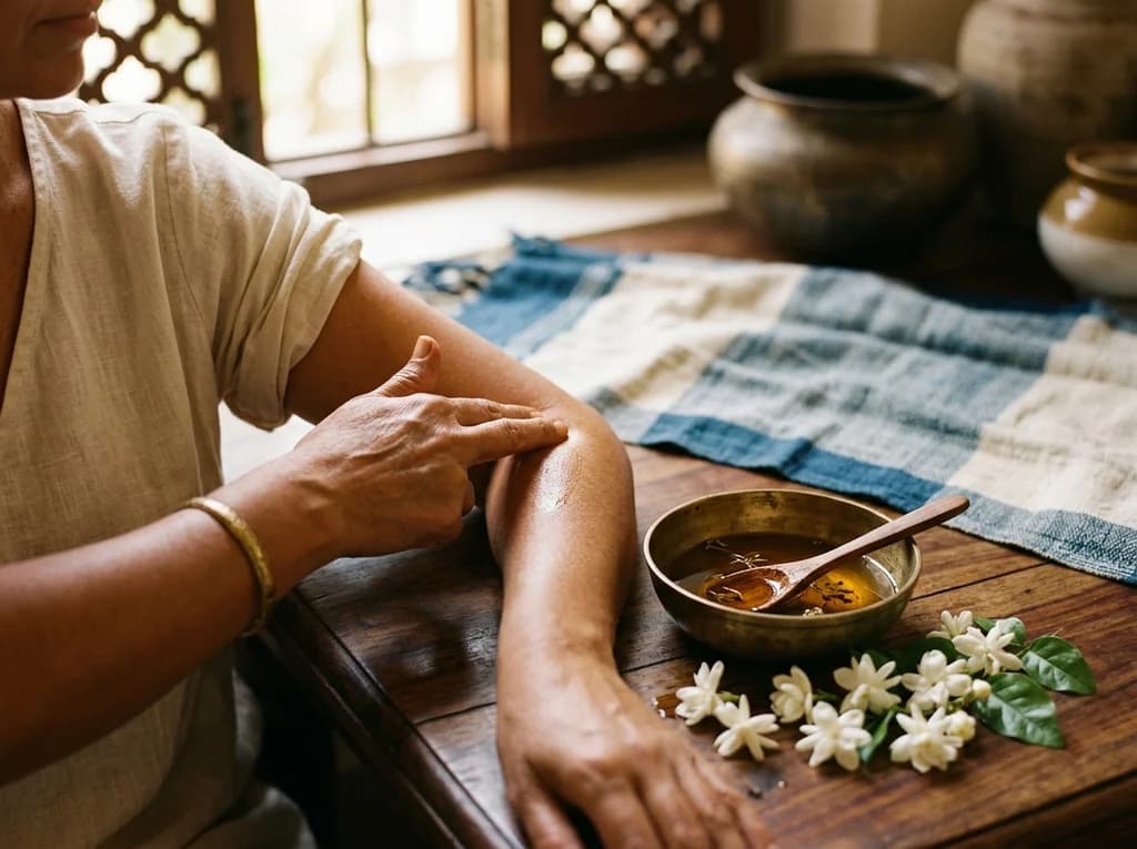 Ayurvedic Marma point touch with brass katori bowl and fresh jasmine blossoms
