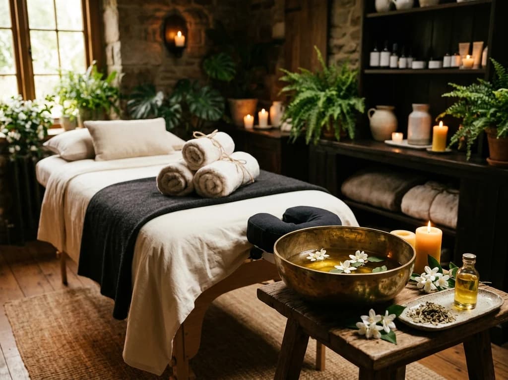Plush massage table with rolled linen towels, warm herbal oil in brass bowl, and candles