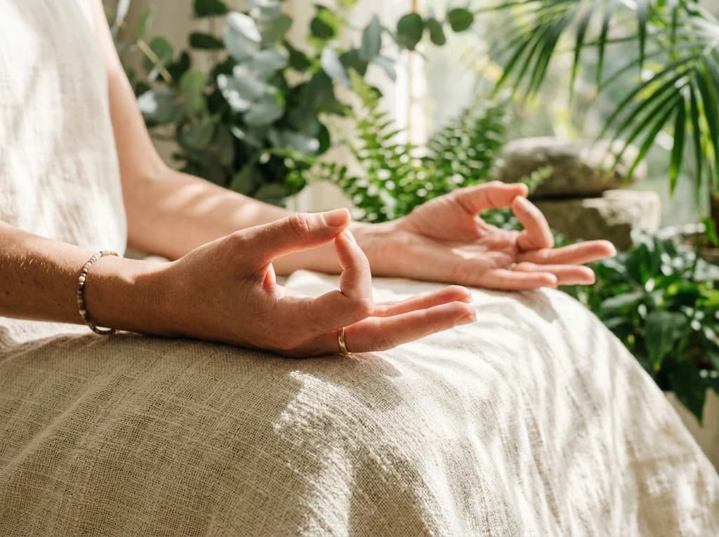 Mindful yogic hand gesture resting peacefully on natural linen in morning light