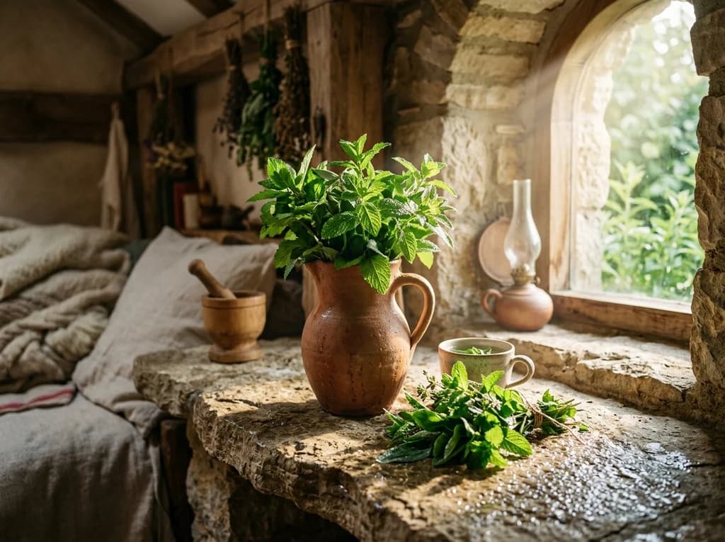 Earthenware clay water pitcher, freshly gathered mint sprigs, and morning sun rays