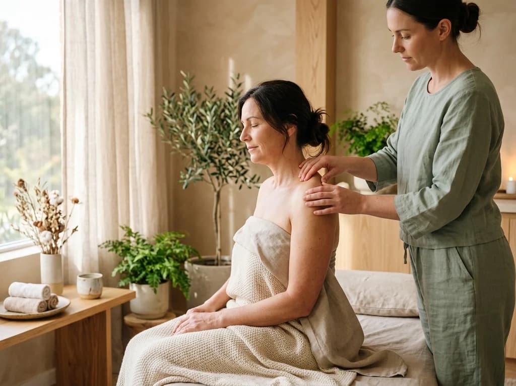 Calming neuro-therapy session with gentle reflex pressure points along neck and shoulders