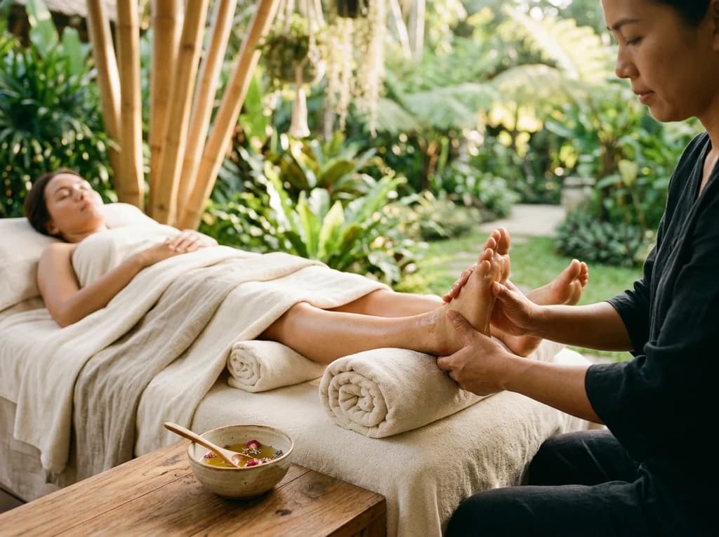 Therapeutic foot reflexology session with natural rolled linen and botanical oil